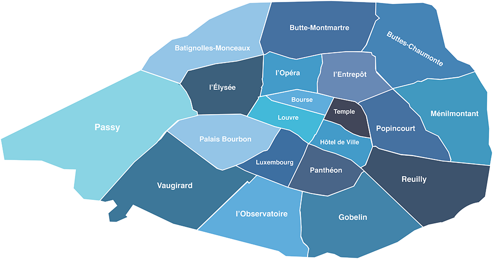 Paris'in idari bölgelerini gösteren, Passy, Louvre, Montmartre gibi isimlerle etiketlenmiş 20 farklı arrondissement'ın coğrafi dağılımını ve sınırlarını çeşitli mavi tonlarında vurgulayan detaylı bir harita, Paris gezi rehberi içeriğiyle uyumlu bir genel bakış sunuyor.