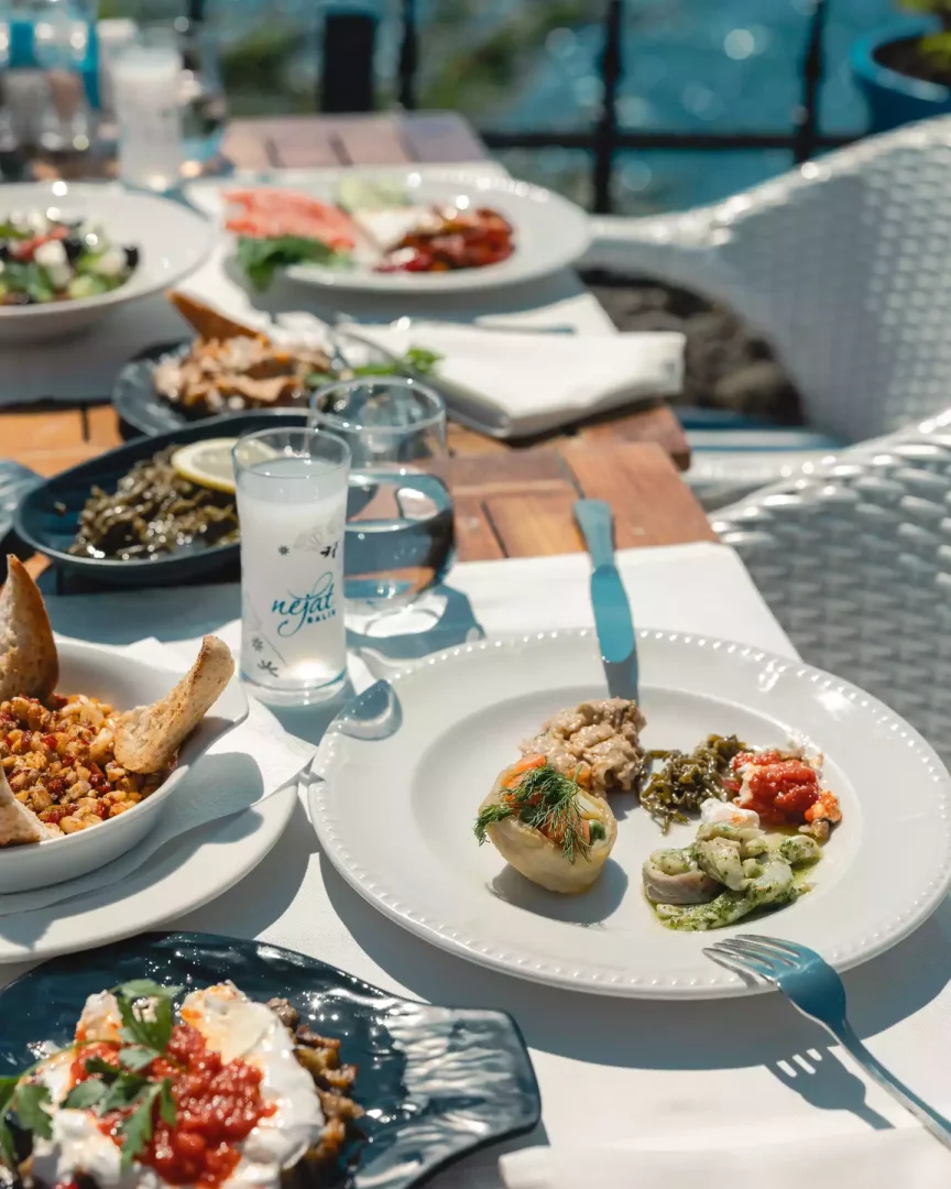 Güneşli bir açık hava mekanında, Nejat Balık restoranının özgün ambiyansını yansıtan masada, enginar dolması, patlıcan salatası, deniz börülcesi, acılı ezme ve topik gibi taze geleneksel Türk mezeleri ile buz gibi bir kadeh rakı keyifli bir sofra düzenini gözler önüne seriyor.