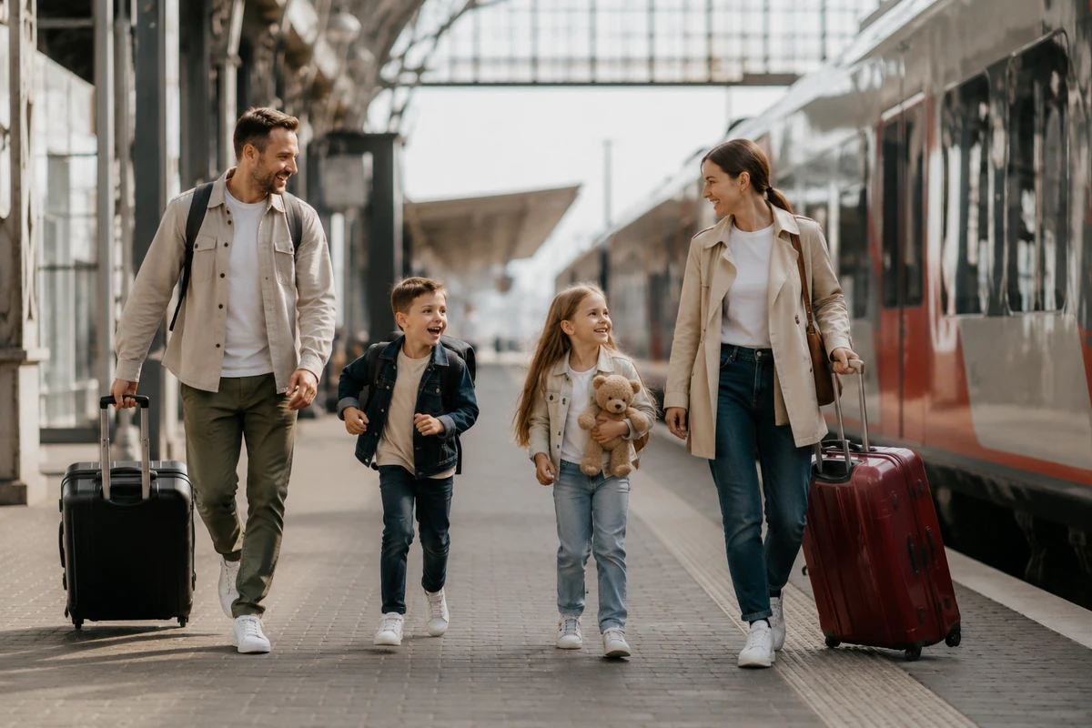 Tren istasyonunda bavullarıyla yürüyen aile