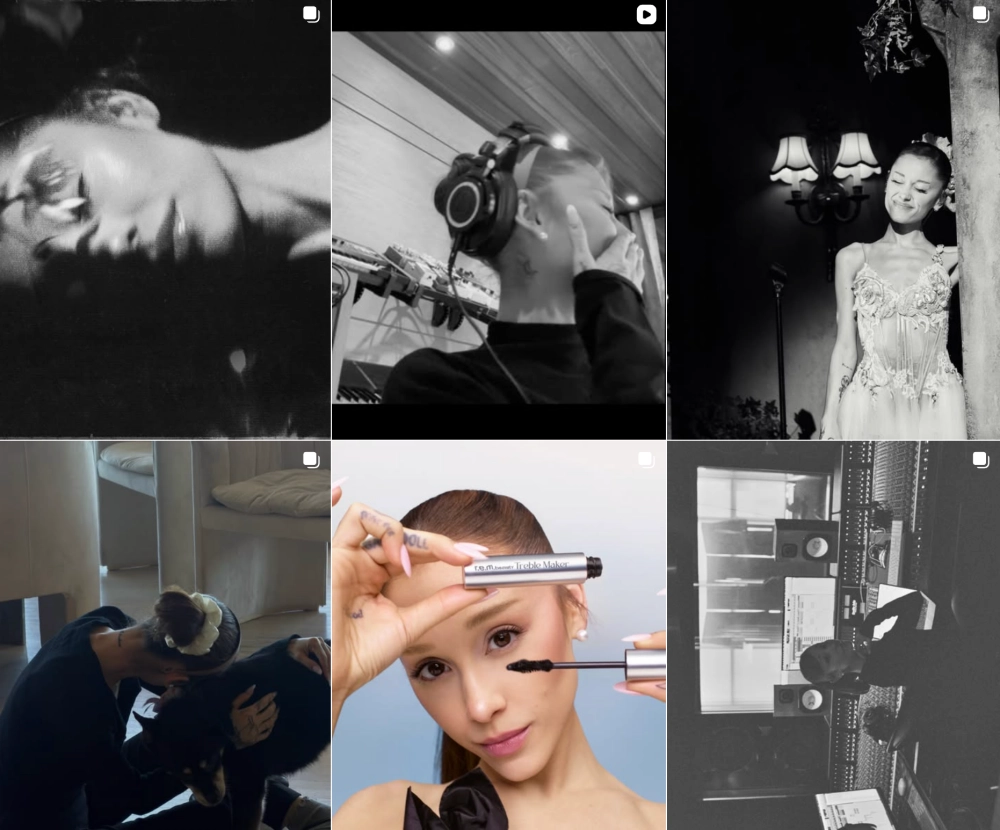 Ariana Grande'nin geniş takipçi kitlesine sahip Instagram hesabındaki gönderi çeşitliliğini yansıtan bu siyah beyaz altılı kolajda; sanatçı dinlenirken, stüdyoda kulaklıklarla ve miksaj masasında çalışırken, balerin kostümüyle poz verirken, köpeğiyle vakit geçirirken ve r.e.m. beauty rimelini sürerken görülüyor.
