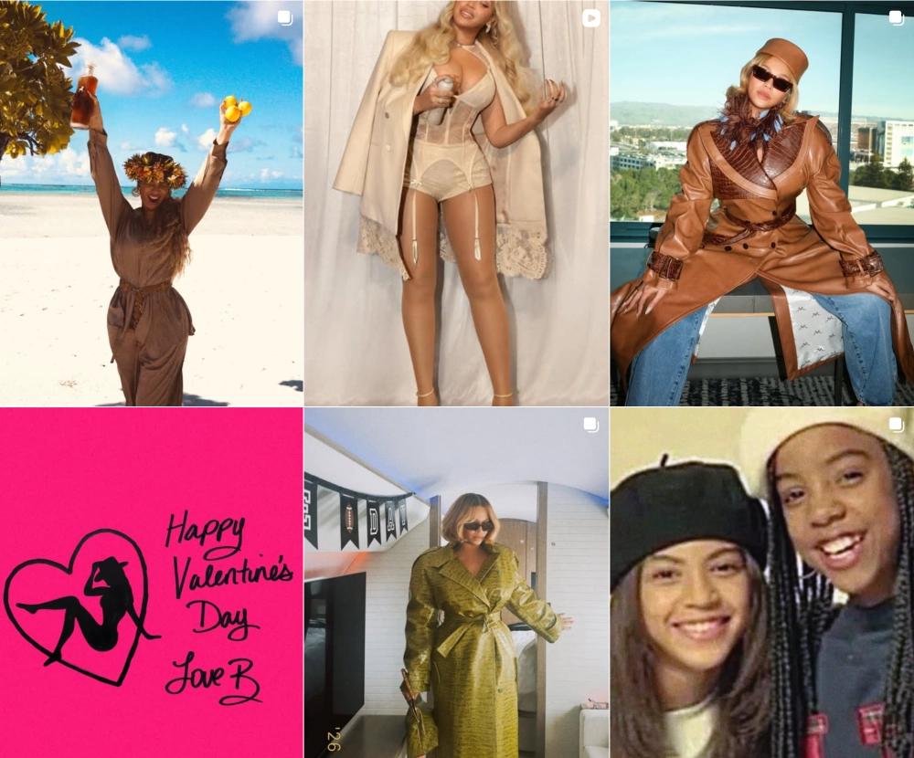 Beyoncé'nin en yüksek takipçili Instagram hesapları arasında yer alan sayfasından derlenmiş bu altı farklı karede; sahilde içecek ve limonlarla neşeli, bej korsesi ve açık ceketiyle bir performans anında, kahverengi deri trençkotuyla şehir manzarasında, yeşil trençkotuyla şık bir ortamda ve çocukluk arkadaşıyla gençlik fotoğrafında görülüyor, ayrıca pembe bir Sevgililer Günü görseli de kolajda yer alıyor.