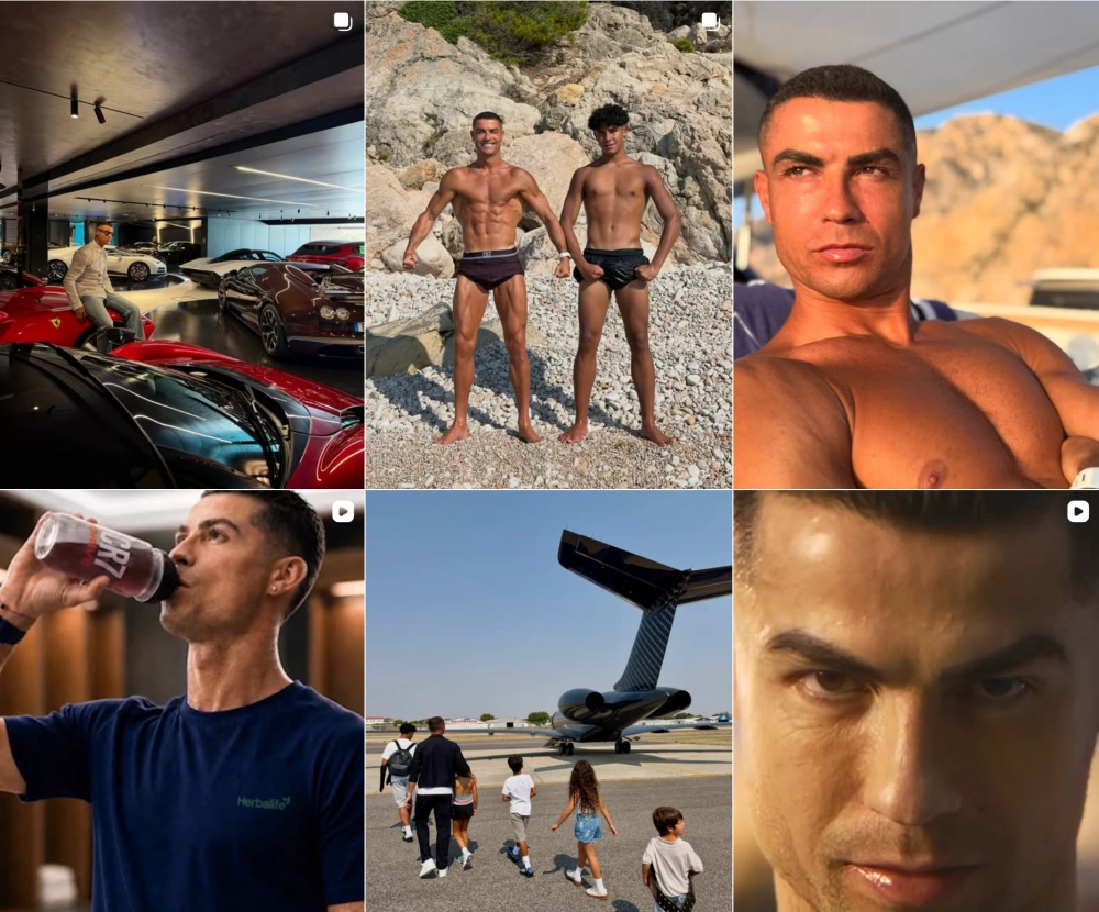 Cristiano Ronaldo'nun en yüksek takipçili Instagram hesabının içeriğini yansıtan bu geniş kolajda; lüks spor arabalarla çevrili garajındaki pozlarından, oğluyla plajda geçirdiği keyifli anlara, özel jetiyle seyahatlerinden ve antrenman sonrası içecek yudumlamasına kadar farklı yaşam kareleri bir arada sergileniyor.