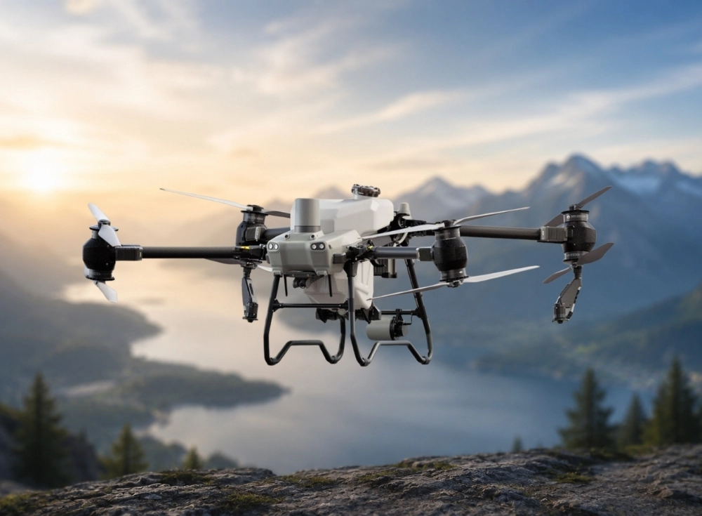Beyaz ve koyu gri renklerdeki, sekiz pervaneli ve geniş ilaçlama tankına sahip DJI Agras T50 zirai tarım droneu, gün batımının sıcak tonlarıyla aydınlanan dağlık bir manzara ve göl üzerinde havada asılı durarak tarımsal ilaçlama için hazır olduğunu gösteriyor.