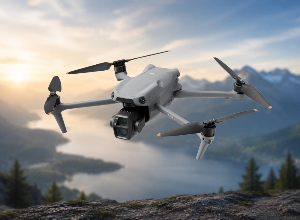 Gri renkli DJI Air 3S drone, gün batımı veya doğumu ışıklarıyla parlayan dağlık ve göllü bir manzaranın üzerinde, 4K 60fps video çekim imkanı sunan yüksek çözünürlüklü kamerasıyla havada stabil bir şekilde süzülüyor.