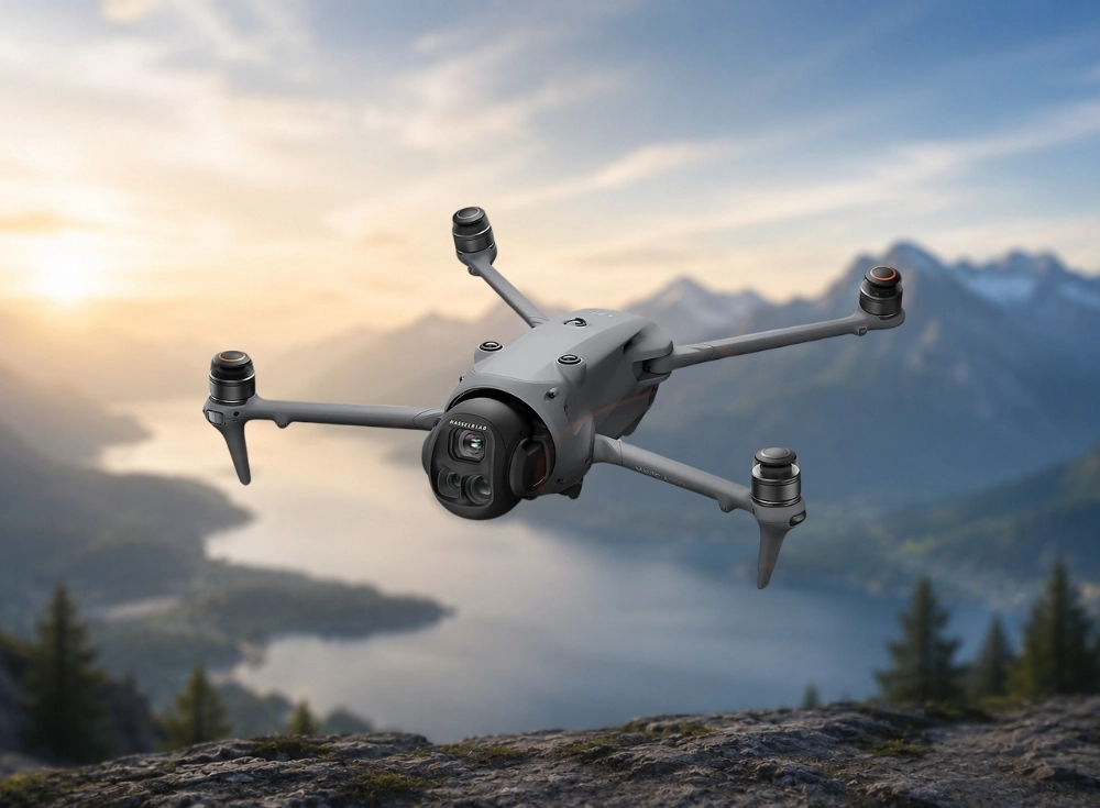 Gri renkli, üzerinde Hasselblad kamera bulunan bir DJI drone, dağlık bir göl manzarası üzerinde gün batımı ışığında uçarken, yüksek çözünürlüklü ve telefoto özellikleriyle dikkat çekiyor.