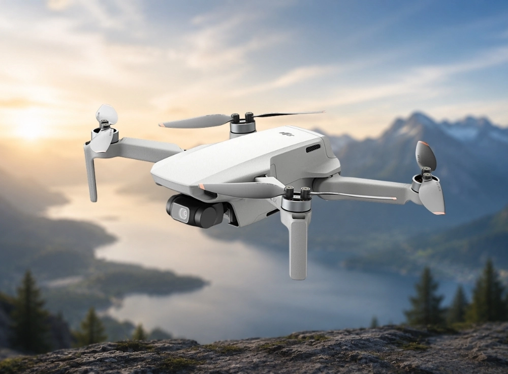 Güneş batarken veya doğarken dağlık bir göl manzarası üzerinde uçan, beyaz renkli bir DJI Mini 4K drone, altındaki entegre kamerasıyla çevreyi kaydetmeye hazır bir şekilde havada asılı duruyor.
