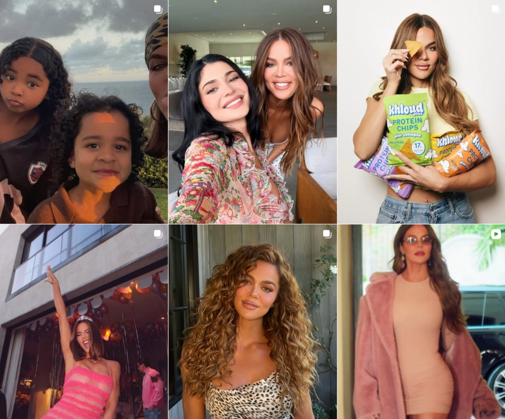 Khloé Kardashian'ın kişisel Instagram hesabından alınmış, altı farklı fotoğrafı bir araya getiren bu kolajda; çocuklarıyla sahilde, Kylie Jenner ile poz verirken, kendi markası protein cipslerini tanıtırken, pembe transparan elbiseyle bir kutlamada, kıvırcık saçlarıyla leopar desenli bir üstle ve pembe kürk mantosuyla şık bir aracın yanında görünüyor.
