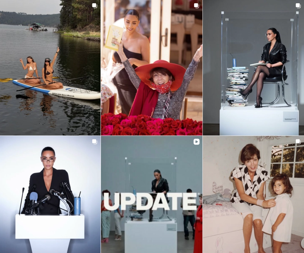 Kim Kardashian'ın Instagram hesabından alınan bu kolajda, onun bir gölde paddleboard üzerinde tatil anından, bir basın toplantısında konuşmasına, kendisini anlatan sanatsal enstalasyonlardan ve ailesiyle nostaljik bir ana kadar geniş bir yelpazede hayatından kesitler sergileniyor.