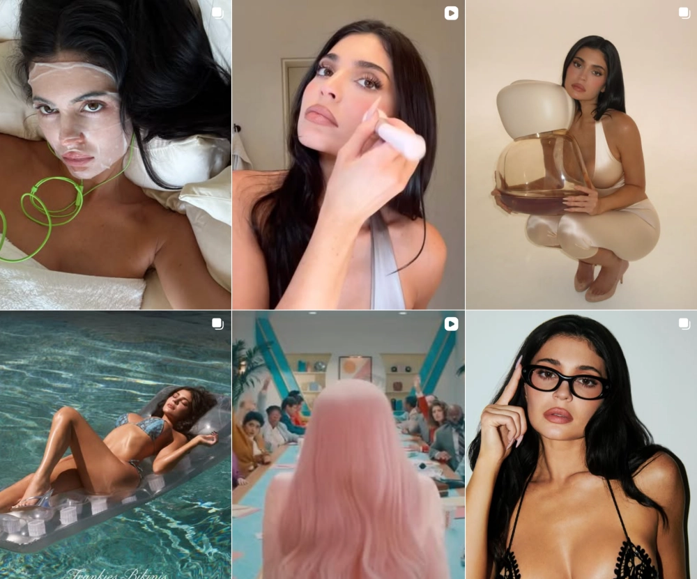 Kylie Jenner'ın en yüksek takipçili Instagram hesabındaki kolajda, yüz maskesiyle rahatlarken, makyaj yaparken, büyük bir parfüm şişesiyle poz verirken, havuzda yüzerken, pembe saçlı bir kişinin görüldüğü toplantı sahnesi ve siyah gözlükleriyle dikkat çeken anları yer alıyor.