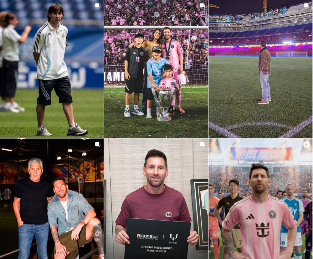 Leo Messi'nin aile anlarından saha içi zaferlerine, ticari işbirliklerine kadar uzanan geniş bir yelpazedeki yaşam ve kariyerini yansıtan altı ayrı fotoğrafın birleştiği bu kolaj, onun en yüksek takipçili Instagram hesaplarından birindeki çeşitli paylaşımlarını özetliyor.