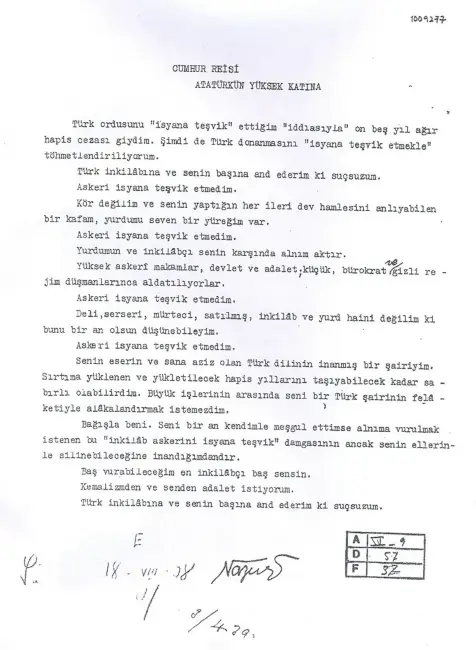 Nazım Hikmet’in Atatürk’e hitaben yazdığı mektubun daktilo ile yazılmış tam metni.