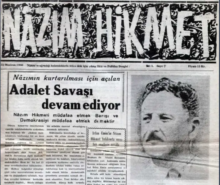 Nazım Hikmet’in serbest bırakılması için yürütülen kampanyayı haberleştiren 1950 tarihli gazete kupürü.
