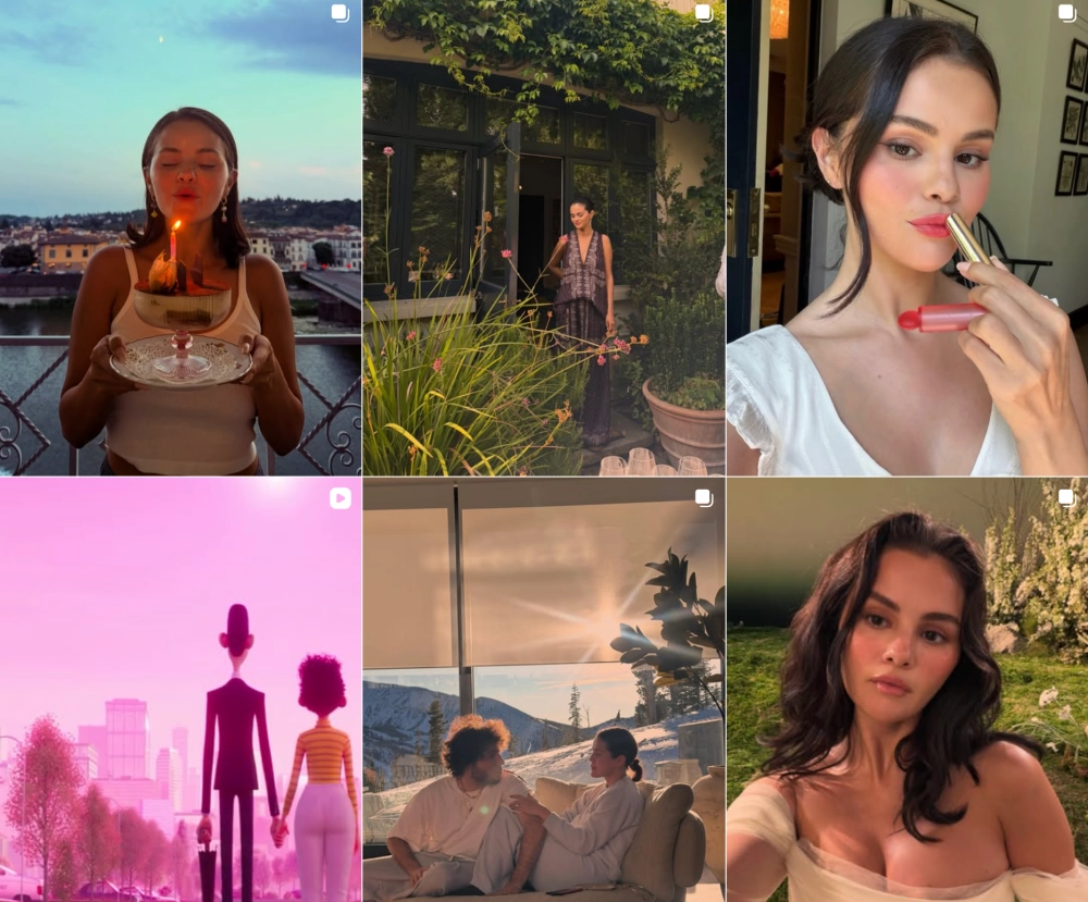 Selena Gomez'in Instagram hesabından altı farklı görseli bir araya getiren bu kolajda, şehir manzaralı bir balkonda mum üflerken, makyaj yaparken, dağlık bir manzarada otururken, doğada poz verirken çekilmiş fotoğrafları ve pembe tonlarda bir çizgi film çiftinin olduğu paylaşımları görülüyor.