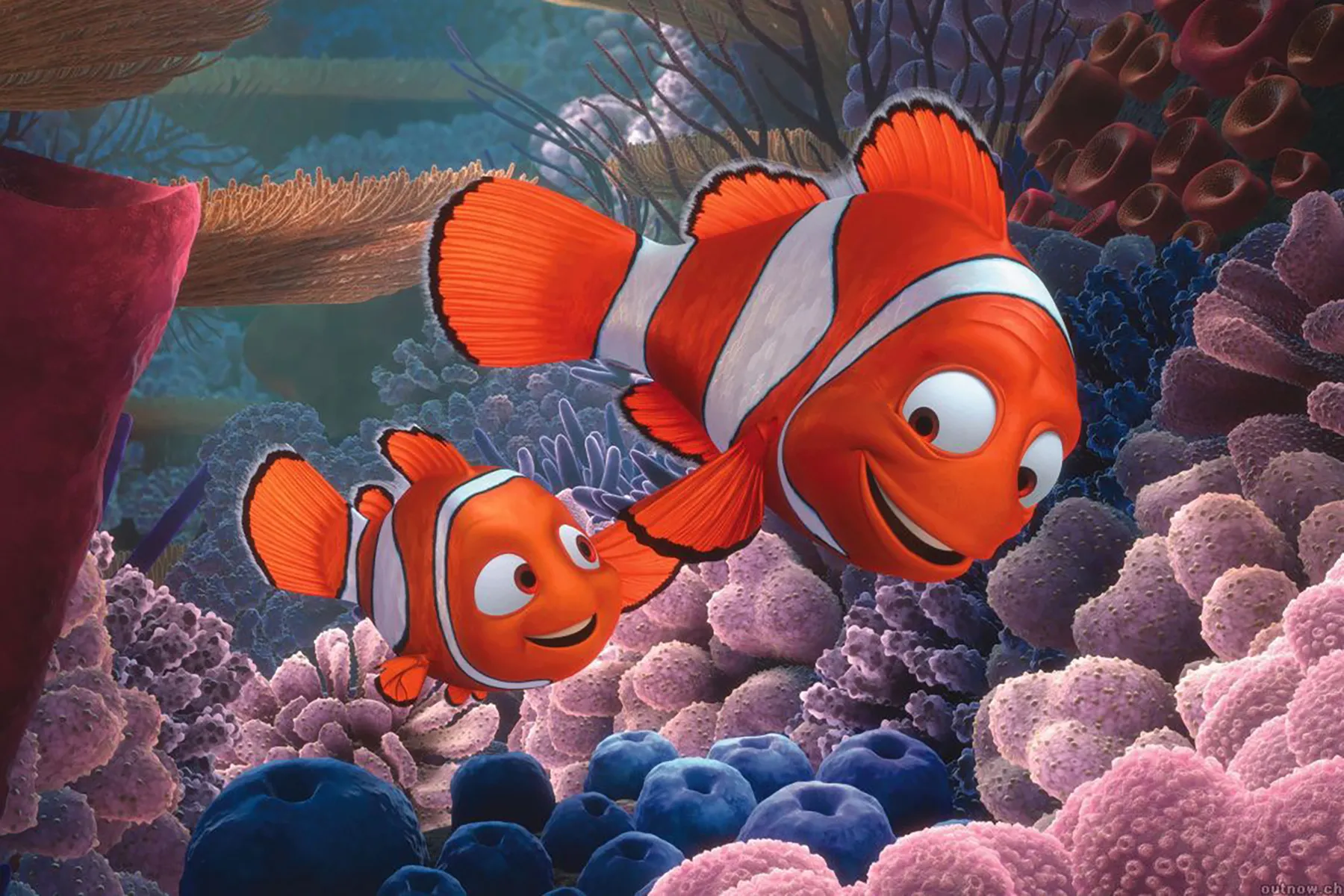 Kayıp Balık Nemo filminden Marlin ve oğlu Nemo, okyanusun mercanları arasında yüzerken.