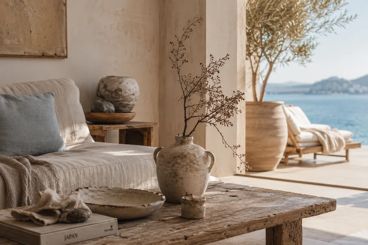 Bu yazlık ev dekorasyonu fotoğrafında, wabi-sabi estetiğine uygun olarak eskitilmiş ahşap bir sehpa üzerinde kurumuş dallar içeren kaba dokulu seramik bir vazo, yanında keten kumaş kaplı bir kanepe ve pencereden görünen masmavi deniz manzarası ile doğal malzemeler kullanılarak oluşturulmuş huzurlu bir yaşam alanı sergileniyor.