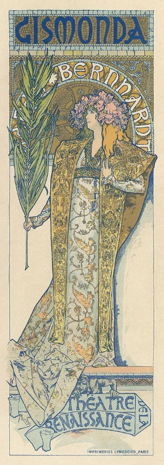 Alphonse Mucha’nın Sarah Bernhardt için tasarladığı ikonik “Gismonda” afişi, Art Nouveau afiş sanatının başlangıç noktası.