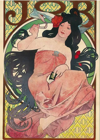 Alphonse Mucha’nın 1900’lere ait JOB sigara kağıdı afişinde, pastel tonlarla betimlenmiş kadın figürü zarif hareketlerle sigara tutarken resmedilir.