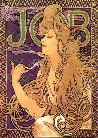 Alphonse Mucha’nın ikonik JOB afişinde, altın saçları kıvrımlarla uzayan kadın figürü Art Nouveau’nun zarif çizgileriyle sigara içerken tasvir edilir.