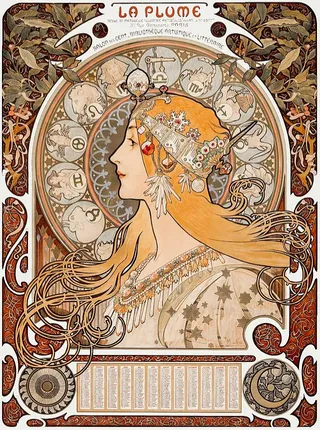 Alphonse Mucha’nın Zodiac adlı takvim afişinde astrolojik sembollerle çevrelenen kadın profili, dekoratif unsurlar ve detaylı bezemelerle öne çıkar.