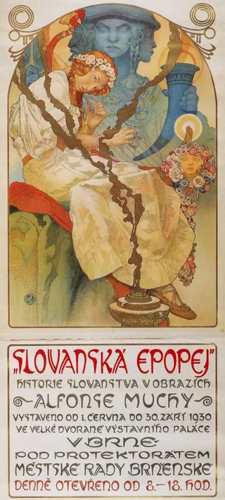 Alphonse Mucha’nın Slav Epic serisini tanıtan 1930 tarihli afiş, geleneksel kıyafetli kadın figürleri ve Çek halk sanatına özgü motiflerle bezeli bir kompozisyon sunar.