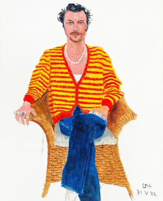 David Hockney’nin 2022 tarihli portresi: kırmızı-sarı çizgili hırka giyen Harry Styles.