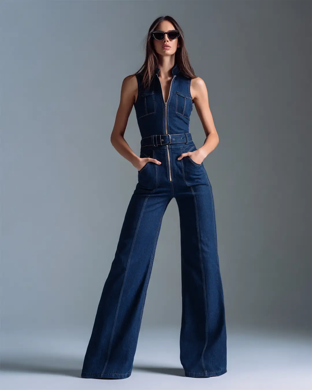 Şık bir stüdyo çekiminde, koyu mavi, kolsuz, önü fermuarlı ve geniş paçalı denim tulum giyen, elleri cebinde duran ve cat-eye güneş gözlüğü takan uzun boylu bir kadın, bu denim tulumlar trendini sergiliyor.