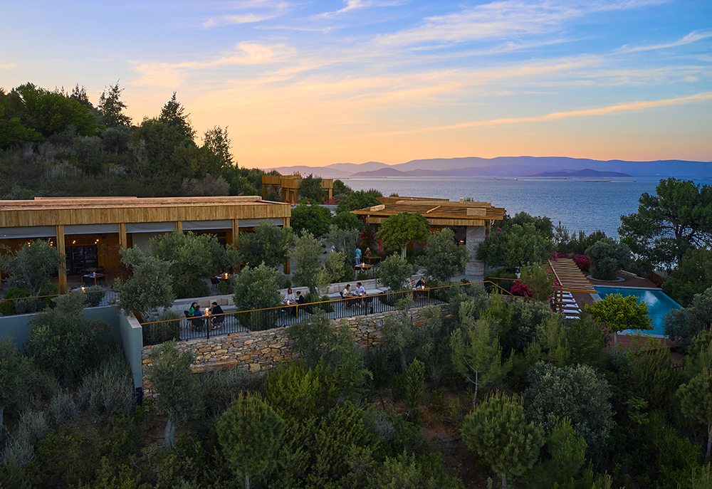 Bodrum Loft içerisinde yer alan Loft Elia restoranının zeytin ağaçlarıyla çevrili, Ege denizine nazır teraslarında gün batımına karşı yemek yiyen misafirlerin görüldüğü, doğal ahşap ve taş detaylı binaların ve turkuaz bir havuzun yer aldığı huzurlu ve şık bir Bodrum restoranı manzarası.