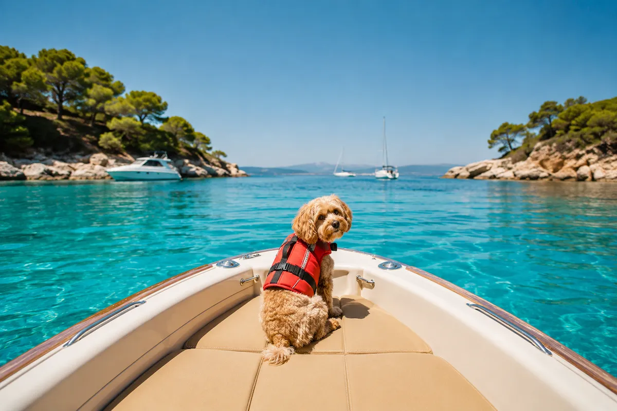 Parlak turkuaz sular üzerinde bir teknenin ön kısmında oturan, kırmızı can yelekli sevimli bir köpek, yeşil ağaçlarla kaplı adaların ve uzaktaki yelkenlilerin oluşturduğu huzurlu manzarada evcil hayvanla tekne tatilinin tadını çıkarıyor.