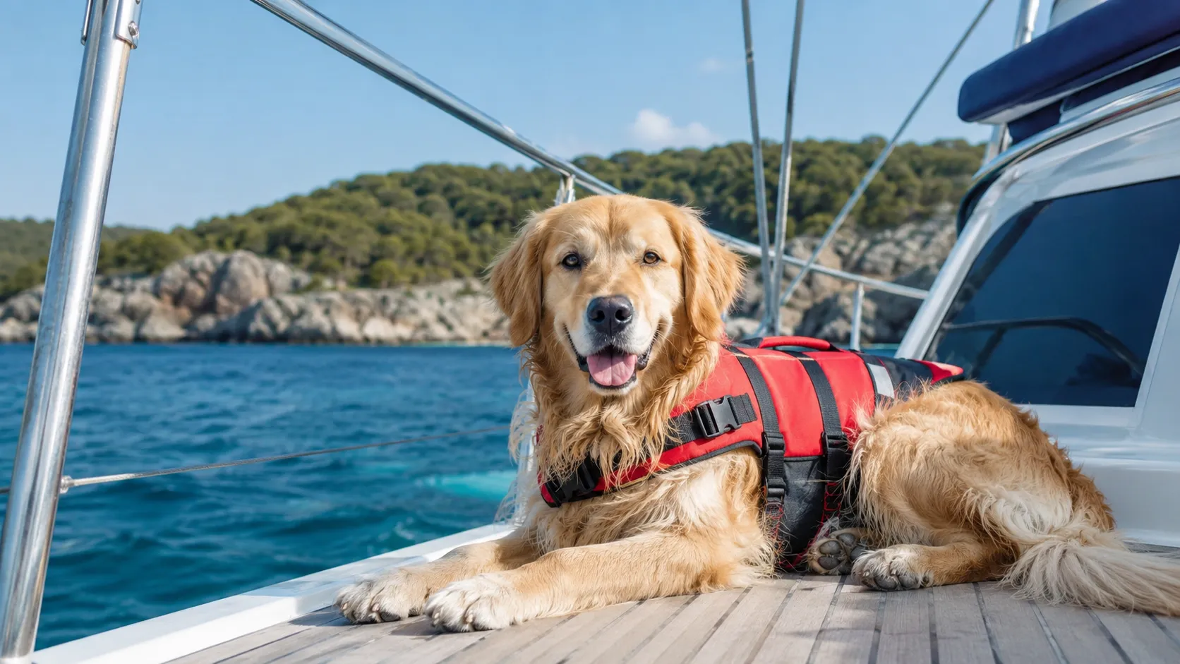 Güneşli bir günde tekne güvertesinde keyifle uzanmış, kırmızı can yeleği giyen mutlu bir Golden Retriever köpeği, masmavi denizin ve yeşil kıyıların eşlik ettiği evcil hayvanla tekne tatili anını yansıtıyor, bu da teknede köpek güvenliğinin önemini vurguluyor.