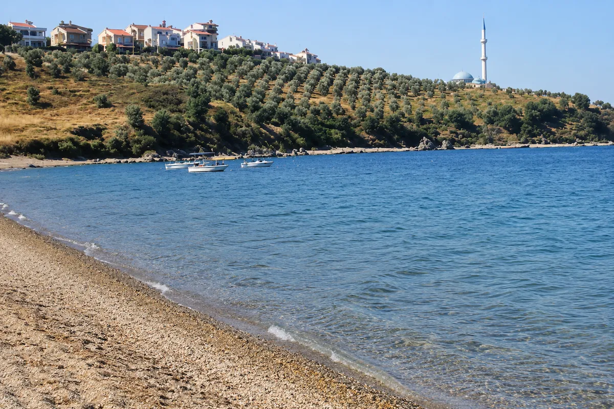 İzmir'de denize girilebilecek en güzel plajlardan biri olan Seferihisar Gemi Suyu Plajı'nda, çakıllı kıyıdan başlayan berrak mavi denizde birkaç tekne demirli dururken, yemyeşil zeytin ağaçlarıyla kaplı yamaçta sıralanmış evler ve beyaz minareli bir cami göze çarpıyor.