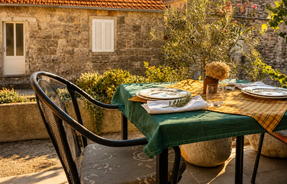Hırvatistan'ın Korčula adasındaki geleneksel bir konoba bahçesinde, güneşin vurduğu taş duvarlı binanın önünde, yeşil örtülü masada iki kişilik özenle hazırlanmış bir yemek düzeni görünüyor; sarı ekose suplalar, tabaklar, bardaklar ve zeytin dalı desenli peçeteler ile davetkar bir atmosfer sunuluyor.