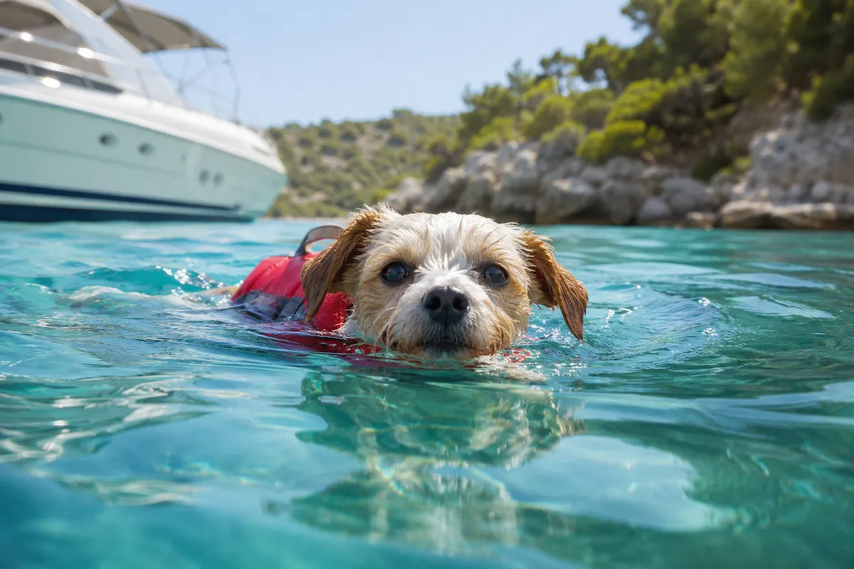 Kırmızı can yeleği giymiş, şirin kahverengi beyaz tüylü küçük bir köpek, parlak masmavi sularda yüzünü kameraya dönmüş şekilde güvenle yüzüyor; arka planda lüks bir yat ve yemyeşil ağaçlarla kaplı kıyı şeridi görünüyor.