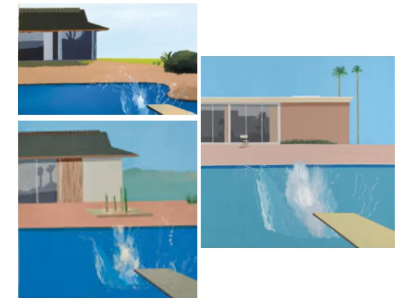 David Hockney’nin A Little Splash (1966), The Splash (1966) ve A Bigger Splash (1967) eserleri.