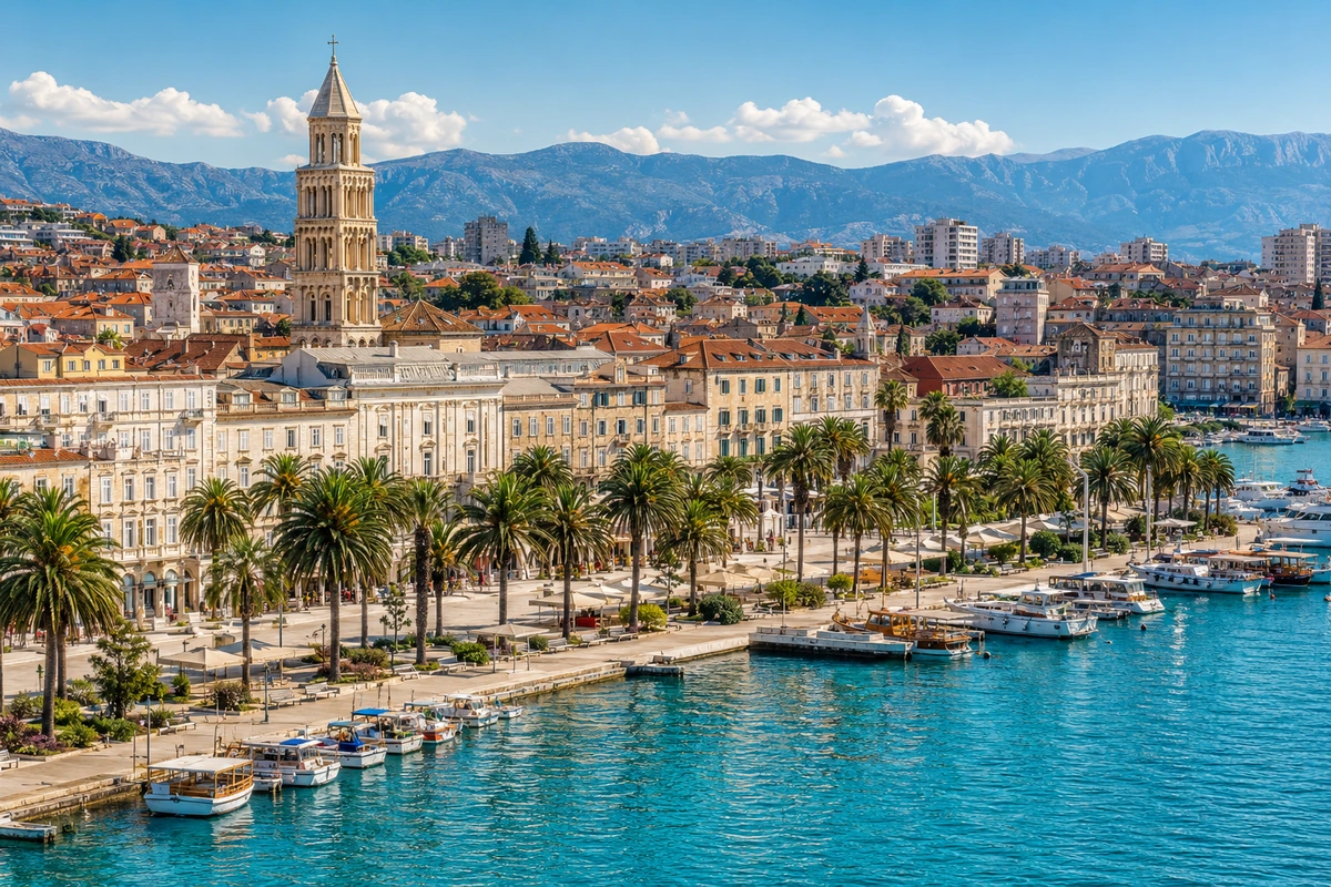 Hırvatistan'ın Split şehrindeki tarihi merkezde yer alan, Saint Domnius Çan Kulesi'nin yükseldiği, palmiye ağaçlarıyla çevrili hareketli Riva kıyısı boyunca sıralanmış teknelerin olduğu Adriyatik Denizi manzarası.