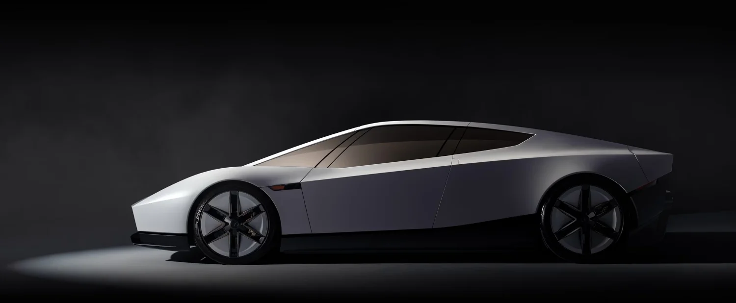 Karanlık bir fonda, futuristik tasarımlı bir Tesla Roadster, altından yükselen parlak bir roket itici aleviyle, teknoloji ve hızın birleşimini sergileyen bir uçan araba vizyonunu temsil ediyor.