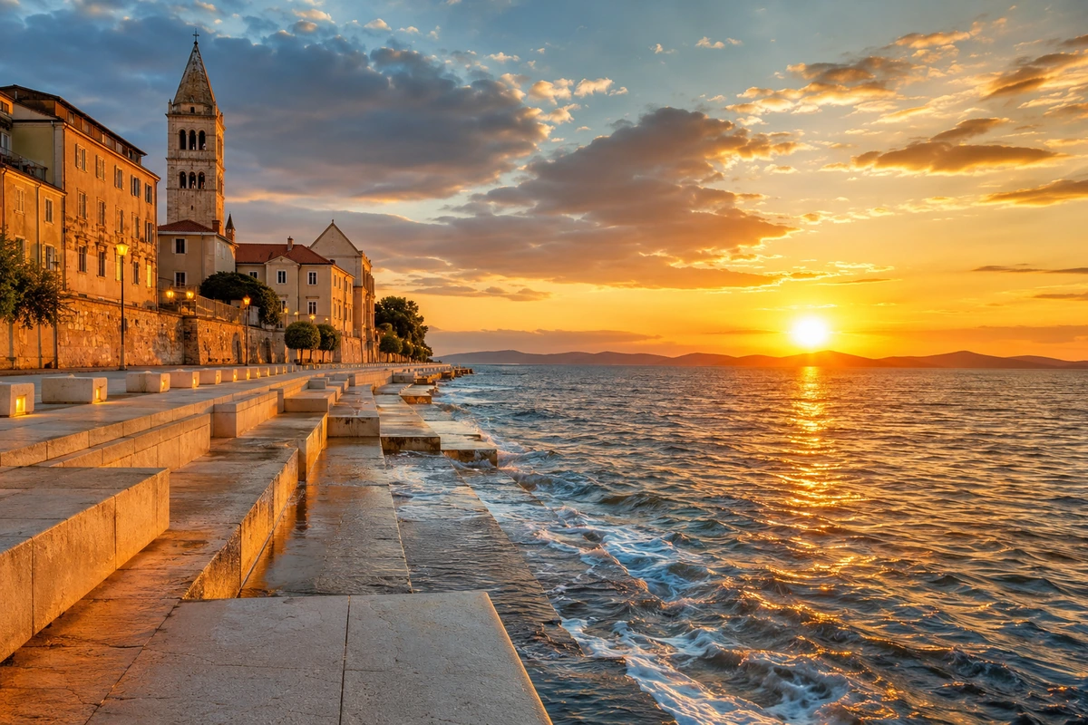 Zadar sahilinde gün batımının altın rengi ışıkları altında, denize doğru uzanan basamaklı taş platformlar ve tarihi binaların silueti, Adriyatik'in eşsiz güzelliğini yansıtan büyüleyici bir manzara sunuyor.