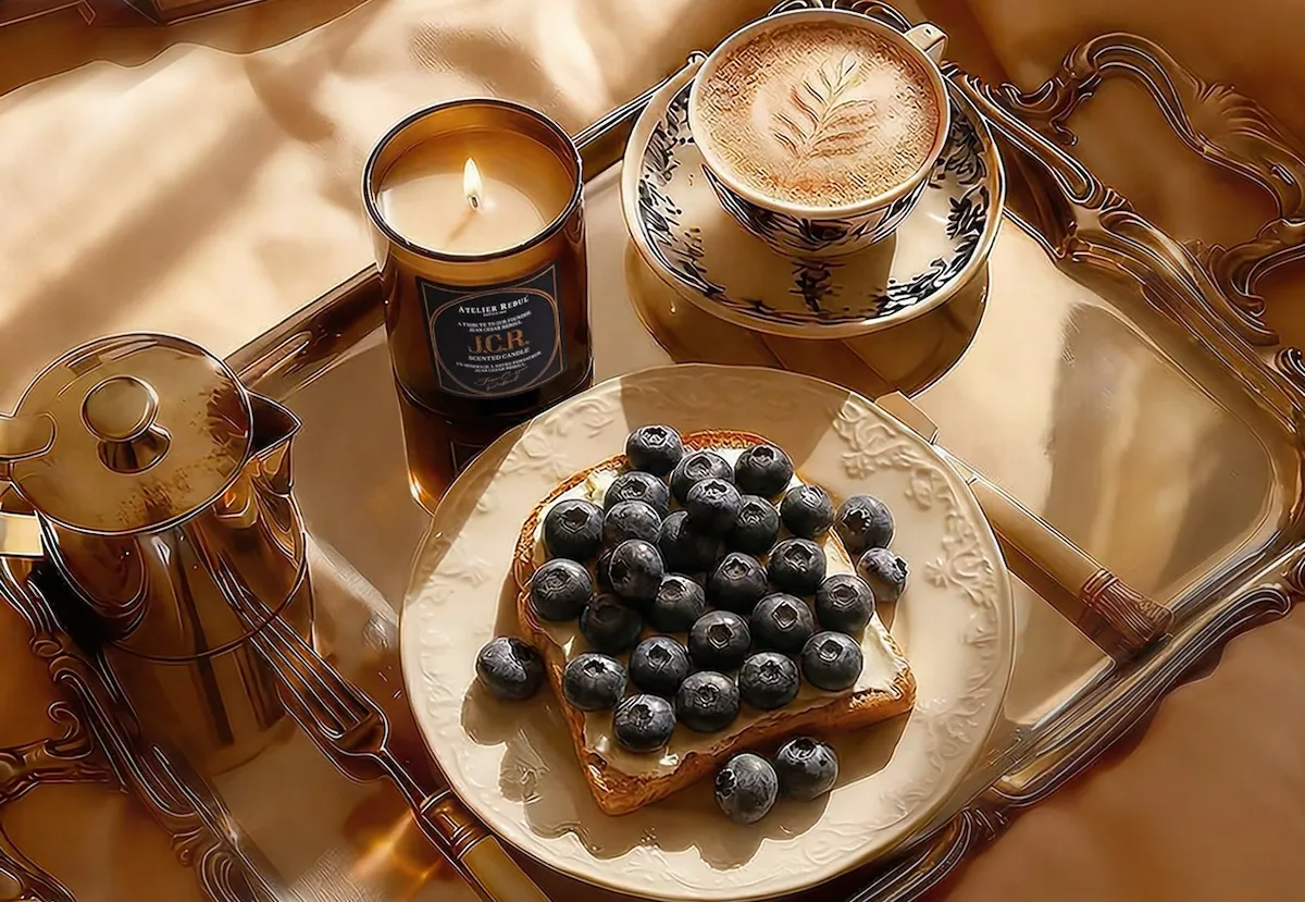 Altın rengi bir tepsi üzerinde, üzerinde Atelier Rebul yazılı yanan bir kokulu mum, desenli bir fincanda latte art'lı kahve, bol yaban mersini ve krem peynir sürülmüş bir dilim tost ile parlak altın bir kahve demliğiyle zengin ve huzurlu bir kahvaltı keyfi sunuluyor.