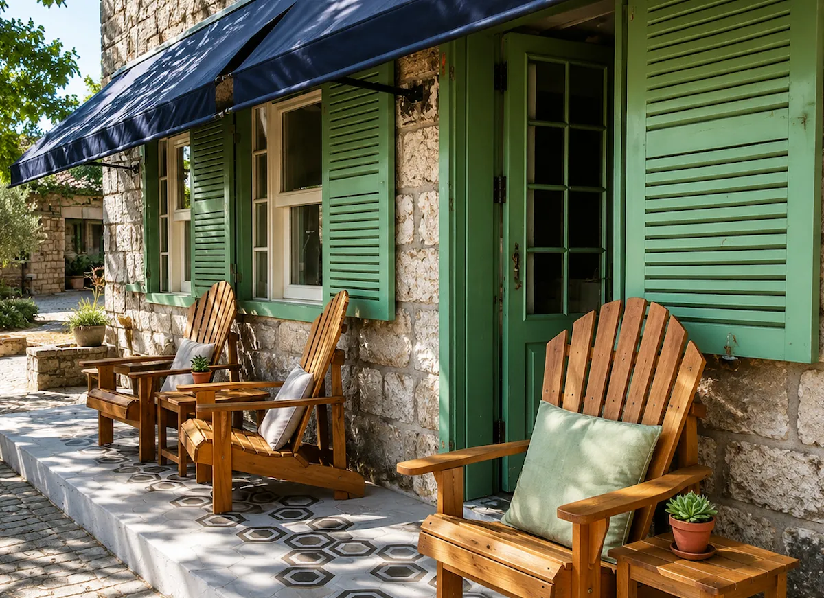 Kaz Dağları bölgesindeki en iyi restoranlardan biri olan Avlu 124 Coffee Bar'ın dış mekanında, taş duvarlı bir binanın mavi tenteli pencerelerinin ve yeşil panjurlu, açık kapısının önündeki şık terasta, açık renkli minderli iki ahşap koltuk ve küçük bir sukulent bitkisiyle dekore edilmiş yan sehpa, misafirleri bekleyen huzurlu bir ortamı gözler önüne seriyor.