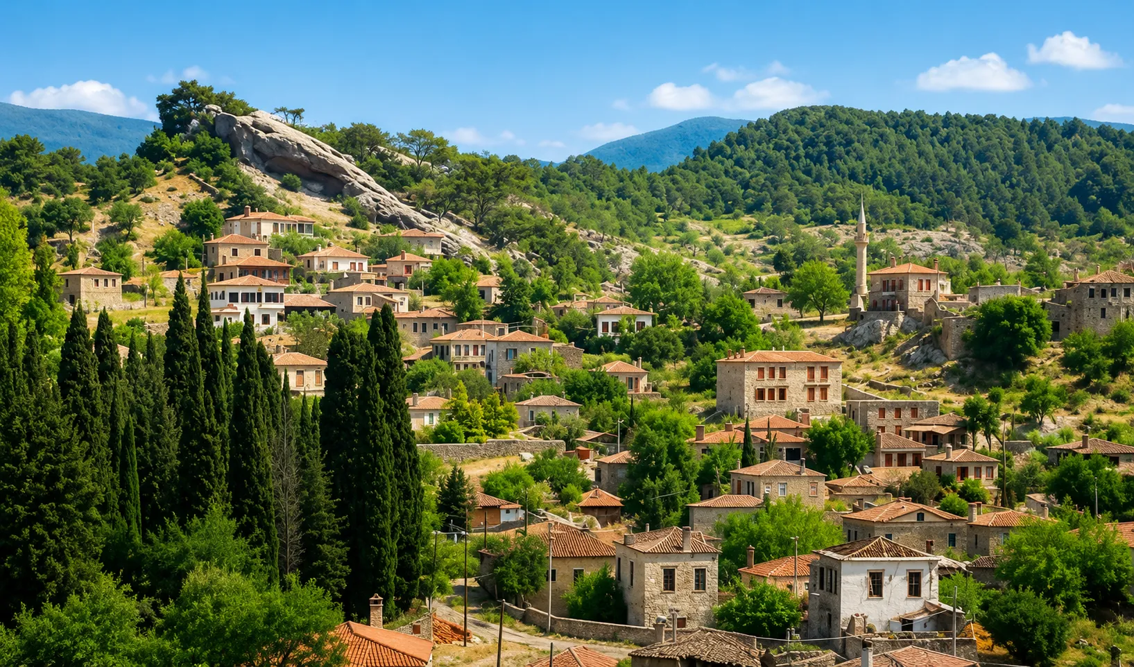 Masalsı bir atmosfer sunan Yeşilyurt Köyü'nde, yemyeşil tepelerin ve sık çam ormanlarının ortasında, yamaç boyunca sıralanmış, kırmızı kiremitli çatılara ve taş duvarlara sahip geleneksel evler ile köyün simgesi minare açık mavi gökyüzü altında parlıyor.