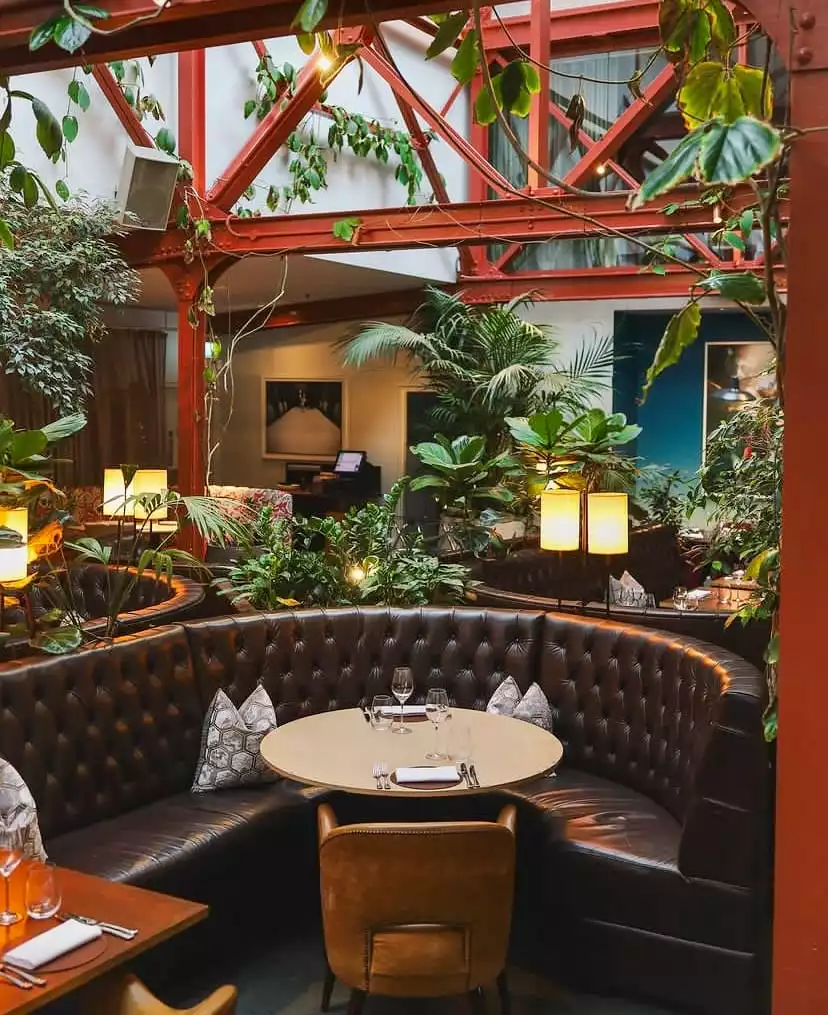 Bluebird restoranının iç mekanı, kırmızı metal kirişlerden sarkan yemyeşil bitkilerle çevrili, koyu kahverengi deri kapitone yarım daire koltuk ve zarifçe hazırlanmış yuvarlak bir masa ile botanik bir ambiyans sunuyor.