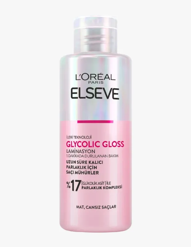 L'Oréal Paris Elseve Glycolic Gloss laminasyon ürünü, parlak pembe ve beyaz tonlarındaki şişesinde mat ve cansız saçlara özel olarak tasarlanmış, glikolik asit ile zenginleştirilmiş parlaklık kompleksi sunan, uzun süre kalıcı parlaklık için saçı mühürleyen bir bakım ürünüdür.