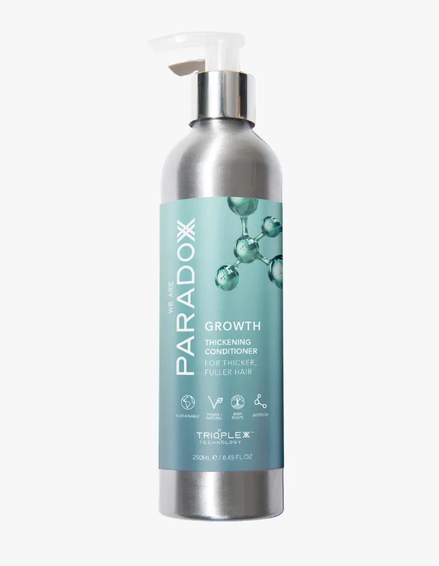 Gümüş renkli pompalı şişede Paradoxx “Growth Thickening Conditioner”; turkuaz etiketli, saçları kalınlaştırmaya yönelik 250 ml saç kremi ürünü.
