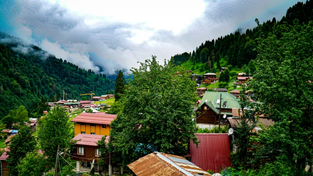 Rize’nin ünlü Pokut Yaylası’nda sonbahar manzarası; sisler arasında ahşap yayla evleri ve yemyeşil dağlar.