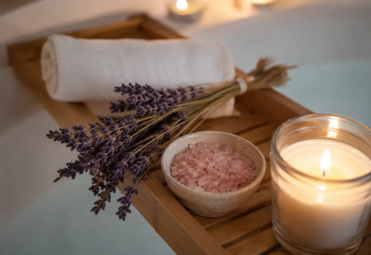 Ahşap bir küvet tablasının üzerinde, banyo suyunun hemen üstünde, rahatlatıcı bir spa ritüeli için hazırlanmış beyaz havlu, mor lavanta demeti, pembe banyo tuzu içeren kase ve yanan bir mum yer alıyor.