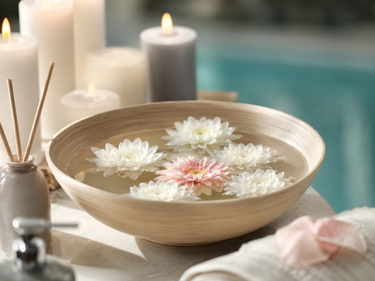 Mumlardan ve aromatik çubuklardan yayılan ışık ile, su dolu ahşap kasede yüzen beyaz ve pembe çiçeklerin ön planda olduğu, thalassoterapi merkezlerindeki deniz suyu spa uygulamaları için huzurlu bir ortam.