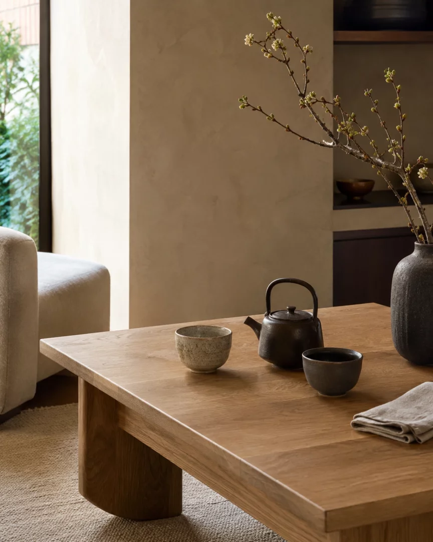 Ahşap bir sehpada, wabi-sabi dekorasyon tarzına uygun, doğal tonlarda bir demlik, iki seramik çay kasesi ve çiçek açmış bir dalın olduğu vazo ile sade ve huzurlu bir çay seremonisi anı yansıtan, minimalist bir oda detayı.