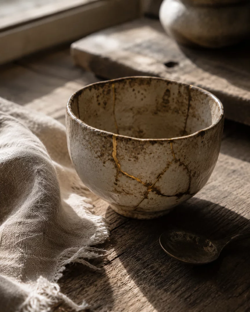 Rustik ahşap bir masa üzerinde, altınla onarılmış çatlakları belirgin olan, açık renkli ve dokulu bir kintsugi seramik kase, yıpranmış keten bir bez ve eski bir kaşıkla birlikte doğal gün ışığında huzurlu bir kompozisyon oluşturarak wabi-sabi felsefesinin özünü yansıtıyor.