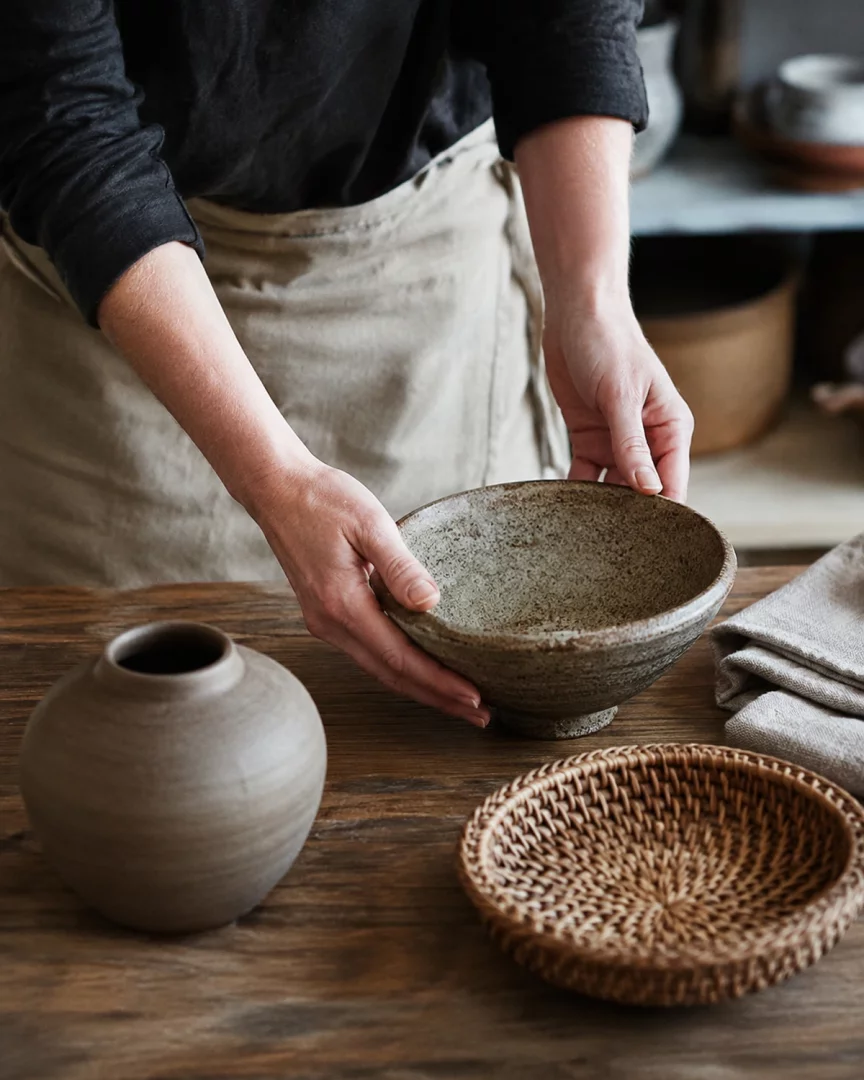 Wabi-sabi estetiğini yansıtan, dokulu el yapımı seramik bir kaseyi nazikçe kavrayan ellerin, rustik ahşap bir masa üzerinde duran pürüzsüz bir seramik vazo ve hasır bir tabak ile birlikte gösterildiği detaylı bir görüntü.