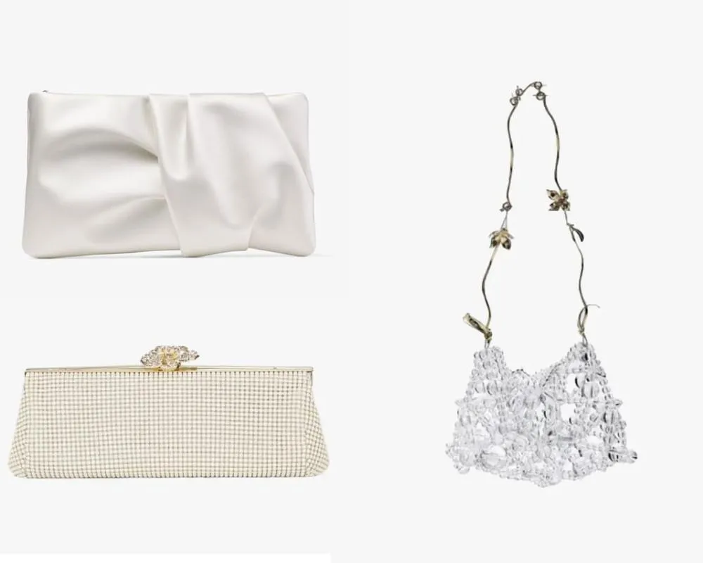 Üstte saten dokulu beyaz clutch çanta, sağda yaprak detaylı askısıyla öne çıkan şeffaf boncuklu gelin çantası, altta ise vintage tarzda taş tokalı krem rengi dikdörtgen gelin çantası.