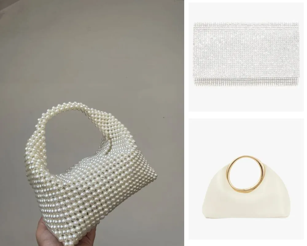 Solda tamamen inci boncuklarla kaplı nostaljik mini gelin çantası; sağ üstte taşlarla süslenmiş parlak beyaz clutch; sağ altta ise altın halka sap detaylı modern beyaz gelin çantası.